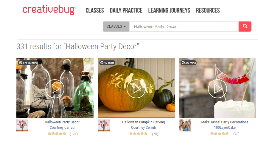 Results screen of CreativeBug database featuring a video entitled "Halloween Party Decor"