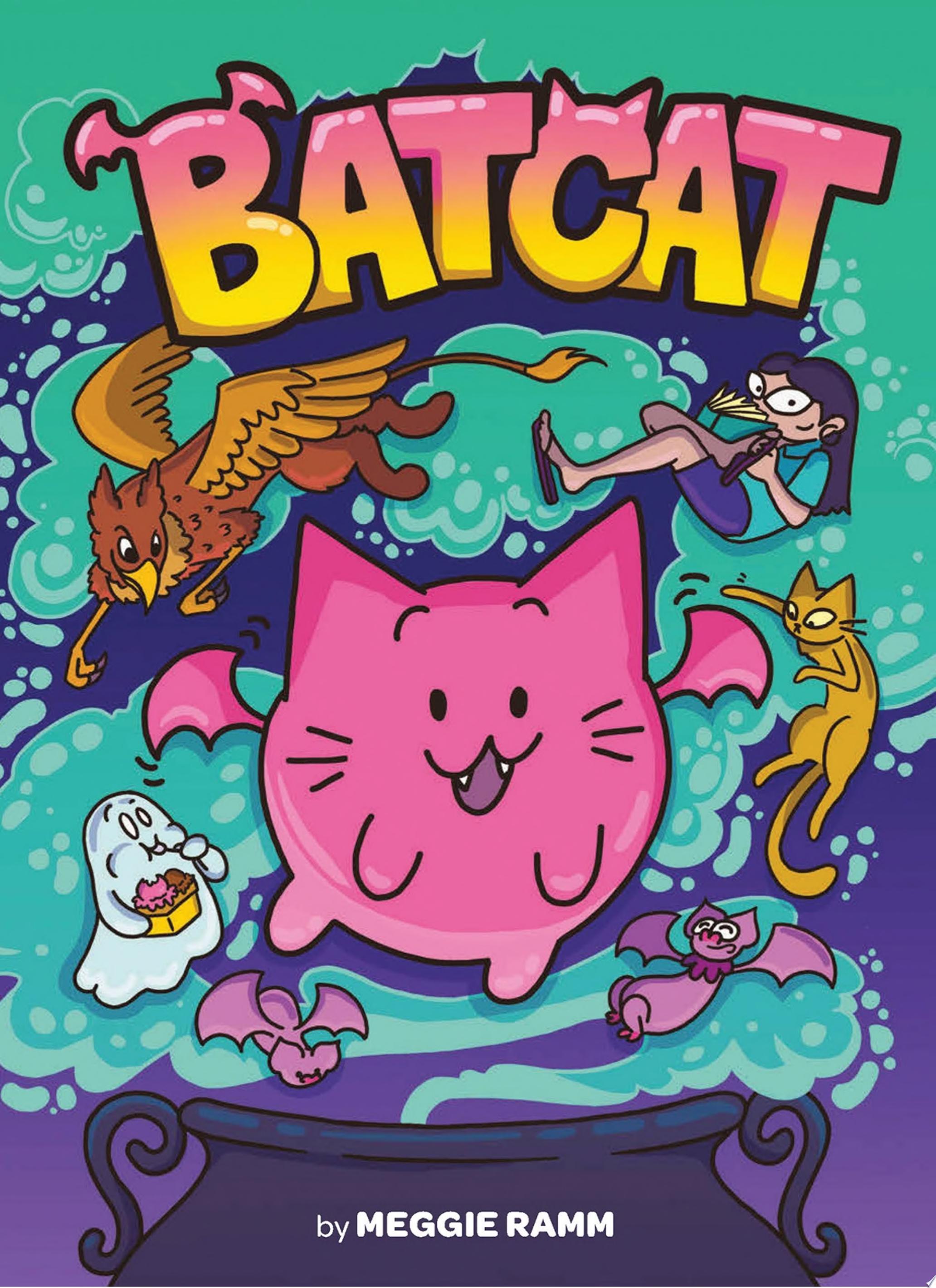 Image for "Batcat (Batcat Book 1)" A pink round creature with a cat face and little bat wings surrounded by other mythical creatures 