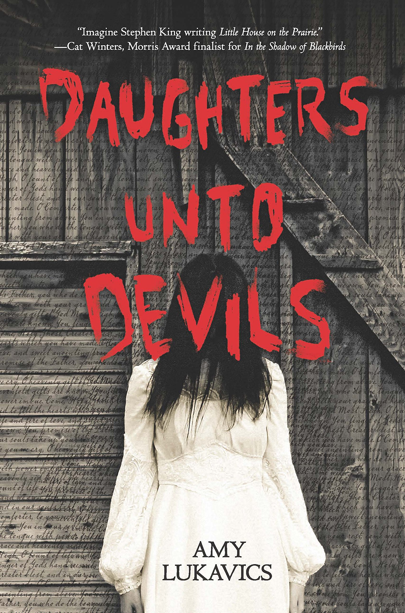 The cover of the novel "Daughters Unto Devils" by Amy Lukavics, which features the title in red letters and a girl in a white dress with hair concealing her face.