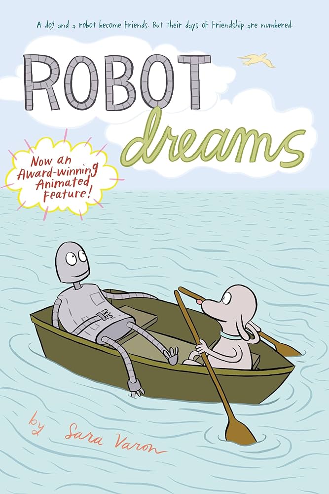 The cover of Robot Dreams, which features a dog and a robot in a boat on blue water.