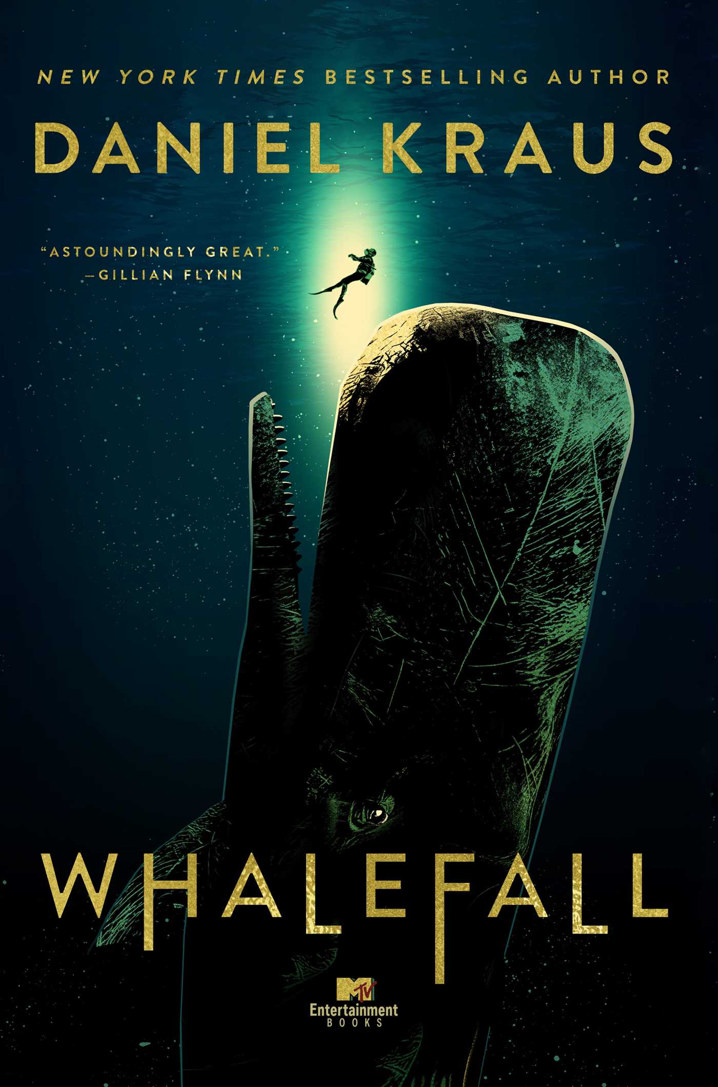 Book cover with yellow text reading "Whalefall" by Daniel Kraus, featuring a large whale with its mouth open toward a falling human