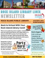 Front page of August September library newsletter, photos of Downtown, Southwest, Watts-Midtown, and Library bookmobile, library logo, and front page articles