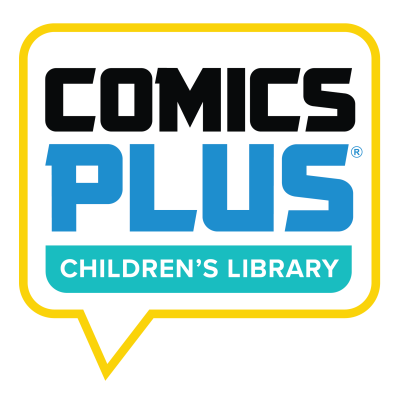 Comics Plus Children's Library logo inside yellow talk bubble