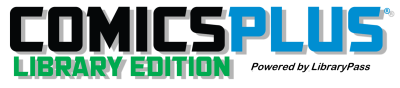 Comics Plus Library Edition Logo written in black, blue and green