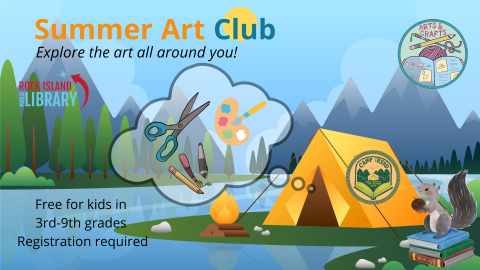 Illustrated camp scene with details about summer art club, Camp iRead logo