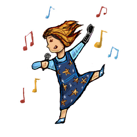 Illustration of a girl with microphone singing and dancing musical notes around her