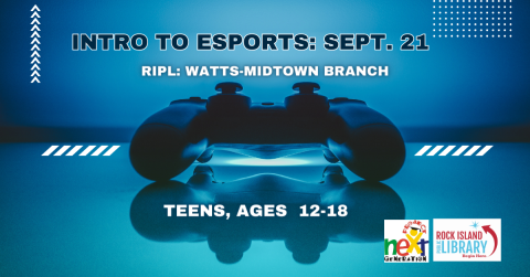 video game controller on blue reflective background, words Intro to ESports Sept. 21 