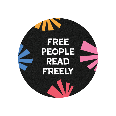Circle, black background edged by multicolored book fans "Free People Read Freely"