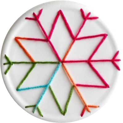Paper plate with snowflake pattern to create with yarn.