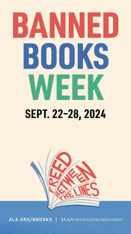 title Banned Books Week Sept. 22-28, 2024, FREED Between the Lines, words arranged in fanned book pages 