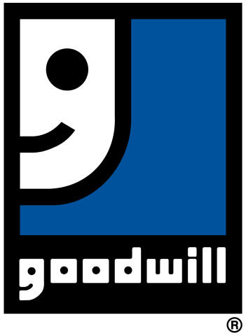 Black and Blue goodwill logo with white face smiling