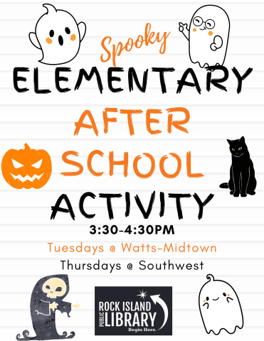 A poster resembling a a piece of with various ghosts, ghouls, a pumpkin and a cat that says "Spooky Elementary After School Activity" 