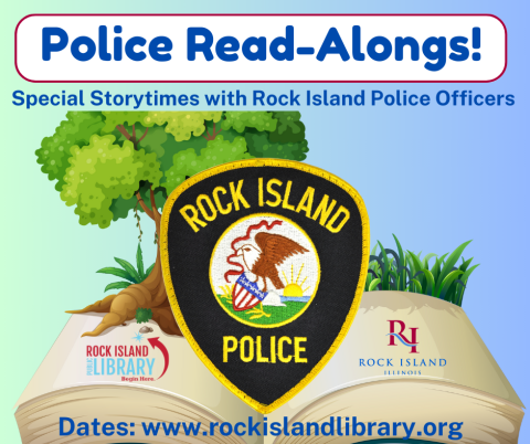 Title Police Read-Alongs! Childrens book with trees and a Rock Island Police patch