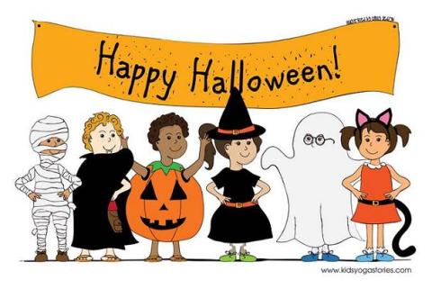 Cartoon children in Halloween costumes, Happy Halloween! banner