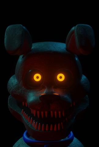 An animatronic creature with yellow glowing eyes and sharp teeth.