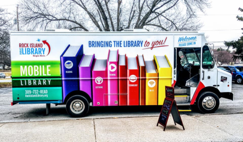 Mobile library parked near east entrance to festival.