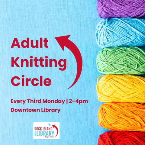 Red text reading "Adult Knitting Circle," featuring six skeins of colorful yarn against a light blue background