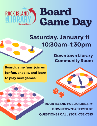 A blue flyer depicting the details of Board Game Day.