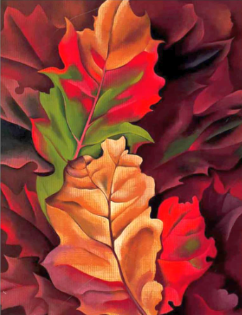 Image of oil pastel artwork depicting leaves in autumnal colors.