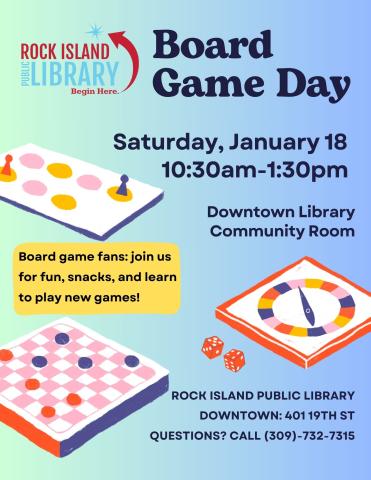 A blue flyer depicting the details of Board Game Day.