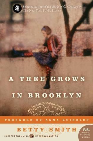 Book cover with white and orange text reading "A Tree Grows in Brooklyn" by Betty Smith, featuring a young girl sitting on a half wall