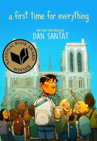 The cover of the graphic novel A First Time for Everything by Dan Santat, which features the author as a kid standing in front of a European building, the blue sky behind it.