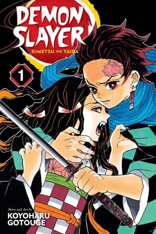 The cover of the graphic novel Demon Slayer: Kimetsu no Yaiba volume 1, featuring the two main characters on a black background.