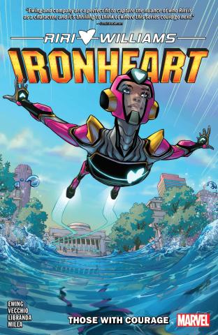 The cover of the graphic novel Riri Williams: Ironheart, featuring the protagonist flying in front of a blue background.