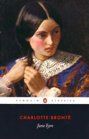 Book cover with red and white text reading "Jane Eyre" by Charlotte Bronte, featuring a young White woman braiding her hair