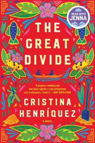 Book cover with pale yellow text reading "The Great Divide" by Cristina Henriquez, featuring colorful illustrations of flowers, fish, frogs, among other things, against a bright red background