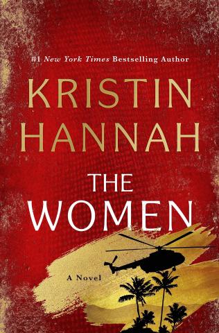 Book cover with white and yellow text reading "Then Women" by Kristin Hannah, featuring a helicopter silhouette against a yellow sky and red background