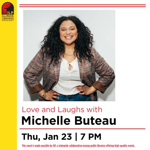 IlP logo and yellow stripe, Love and Laughs with Michelle Buteau, speaker photo, date details in calendar entry