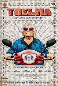 Movie poster for Thelma. Featuring main character sitting on a red scooter facing the camera with glasses on.