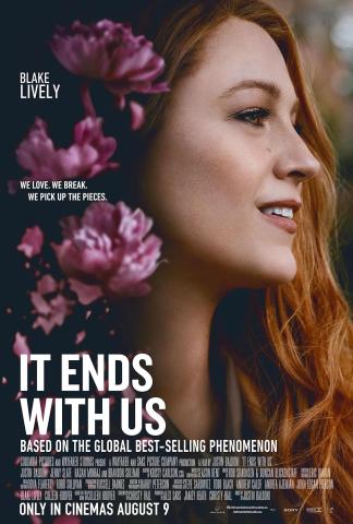 Movie poster for It Ends With Us. Side profile of Blake Lively smiling with purple flowers to her left.