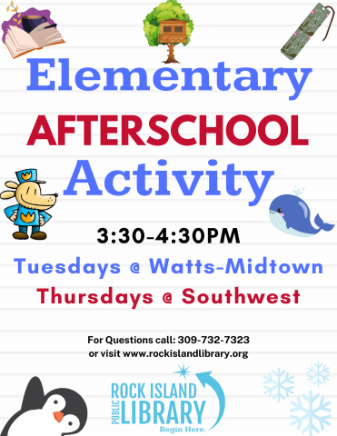 A poster resembling a a piece of with cartoon characters and says  Elementary Afterschool Activity 3:30 to 4:30 Tuesdays at Watts-midtown, Thursdays at Southwest"