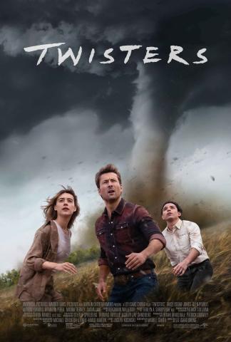 Movie poster for Twisters. Featuring three characters looking up to the sky with fear in their eyes and a large twister behind them.