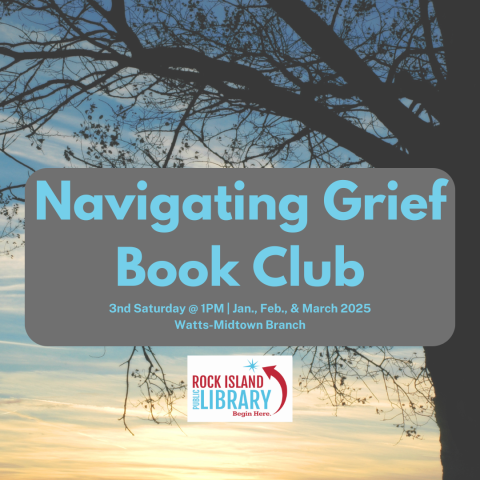 bare tree with winter sunset in background. Text reading "Navigating Grief Book Club" in blue text