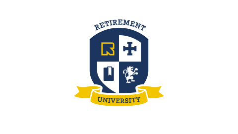 Shield and ribbon logo for Retirement University series