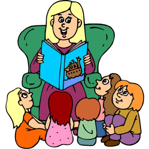 Blonde haired woman sitting in a green chair reading a blue book to five small children