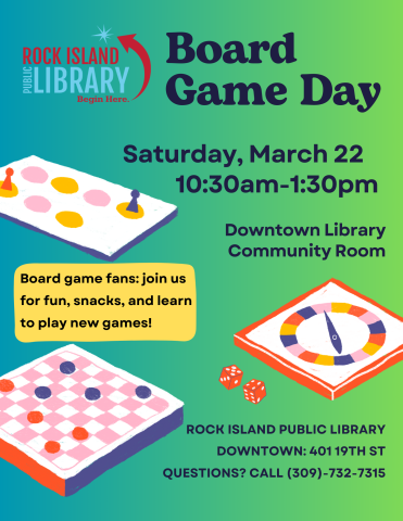 A blue and green flyer advertising the details of board game day.