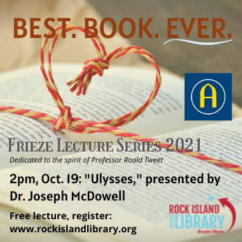 Open book with heart tied over it, features the Oct. 19 presentation on Ulysses