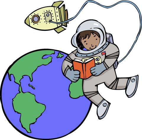 Tethered kid astronaut floating in space reading a book with world behind him