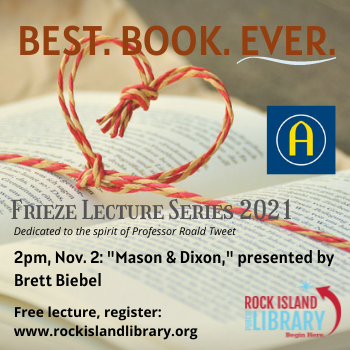 Open book with heart tied over it, features the November 2 Mason & Dixon presentation 