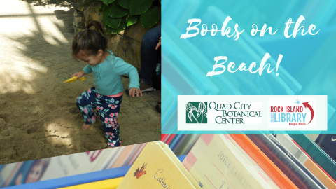 composite image little girl stomping sand picture books in background Library and botanical center logos