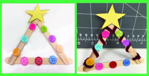 Popsicle stick triangle, colored buttons and yellow star glues to triangle to make christmas tree