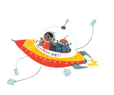 illustration two children in spaceship, alien reading a science text