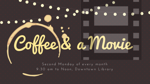 Coffee and a Movie title header brown background lights and filmstrip in image