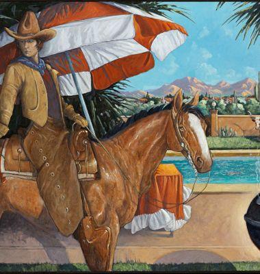 Painting from the Figge Animals in the Museum exhibit features cowboy on horse