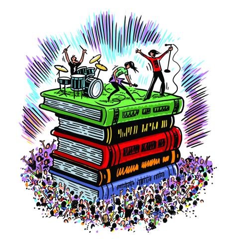 Illustration of rock band playing on top of a giant book stack with cheering crowd. CSLP