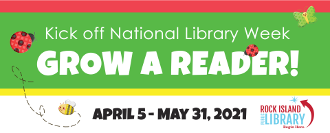 Grow a Reader header spring colors and art with library logo 